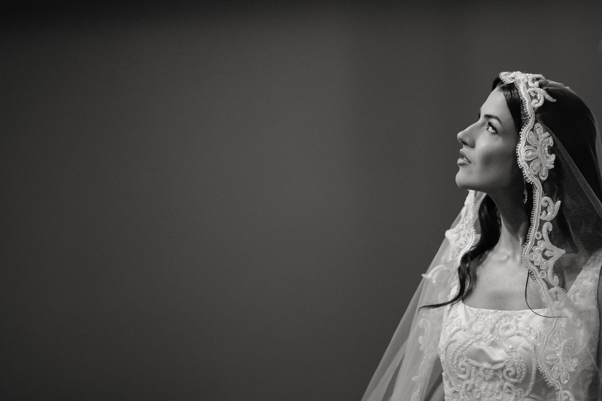 Noiva em perfil com véu bordado, em fotografia editorial em preto e branco